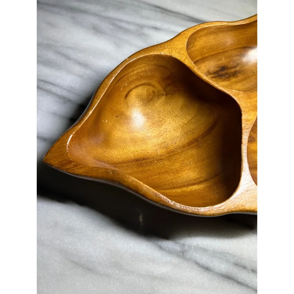 Vintage Hand Carved Wooden Leaf Serving Tray Divided 3 Section Nut Dish Brown